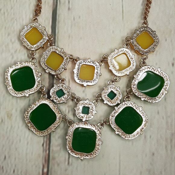 Bold Multi-Strand Statement Necklace Dark Green Light Green and Yellow Cabochons - Picture 4 of 6